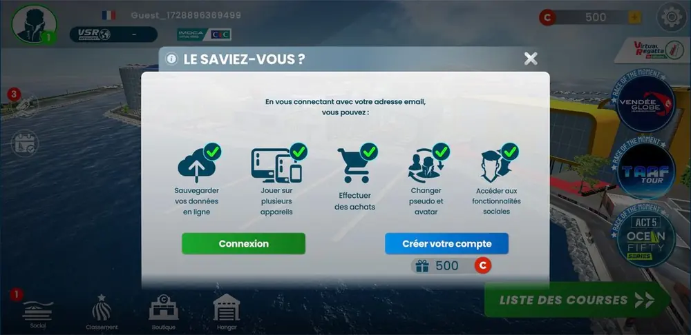 Fenêtre de création de compte dans le jeu