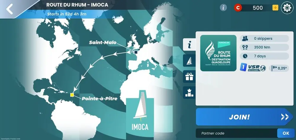 Fiche de la course Route du Rhum IMOCA, avec le champ du code partenaire en bas à droite