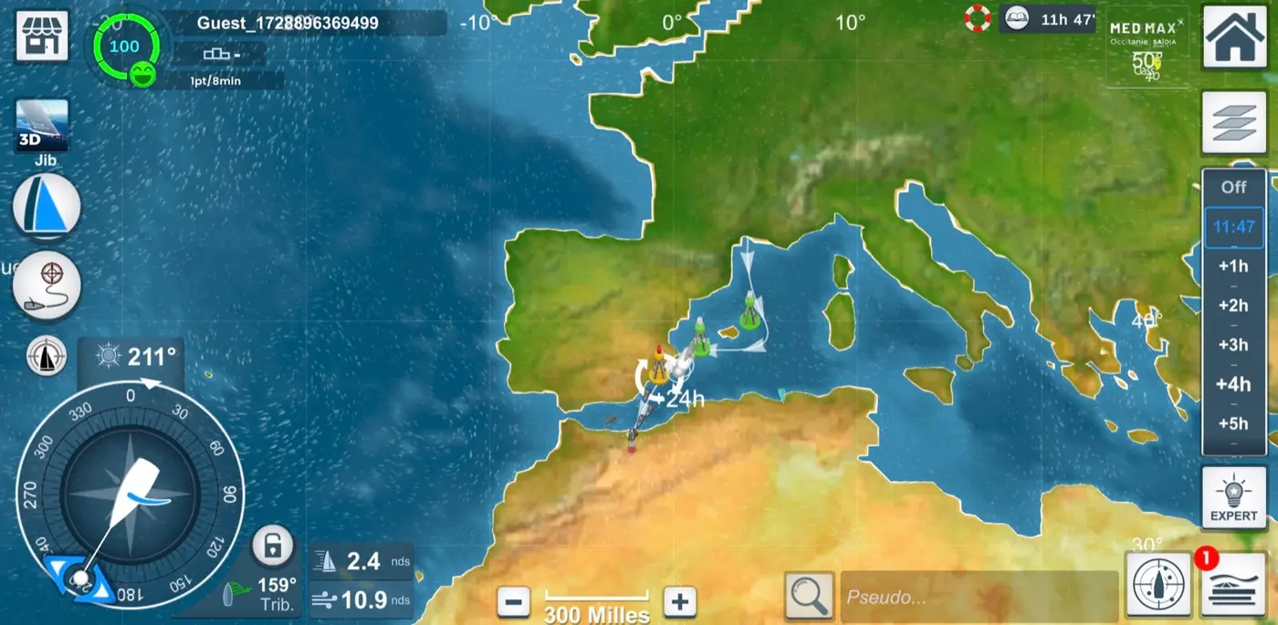 Écran de jeu de Virtual Regatta, avec 14 repères numérotés